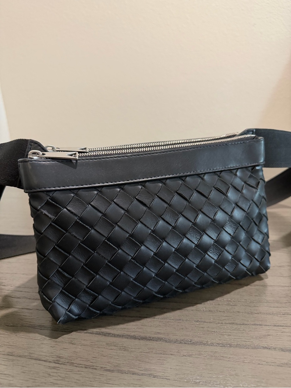 BOTTEGA VENETA Black Woven Leather Adjustable Crossbody Bag